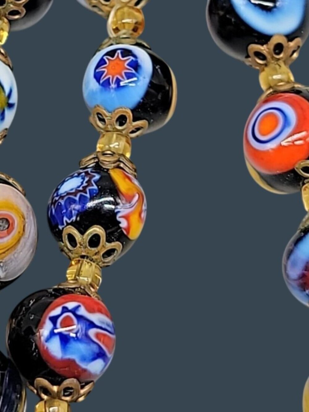 Antique Venetian Millefiori Murano Glass Bead Necklace 23" Graduated Black 16mm - Picture 7 of 16